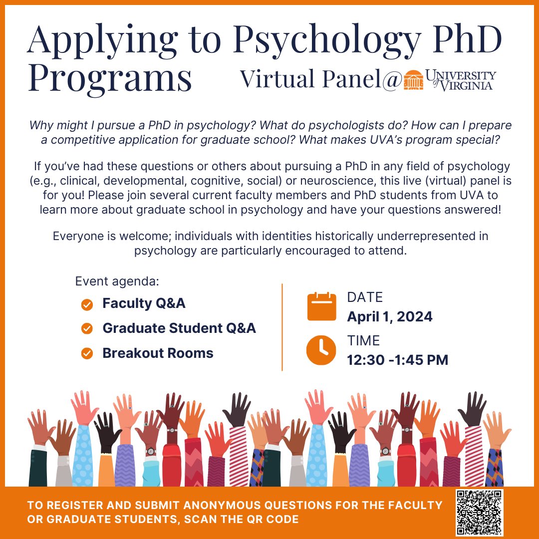 Thinking about applying to PhD programs in psychology? Join us @UVAPsyc for a virtual panel to have your questions answered! More info & QR code to register/submit Qs below: @PsychResList @PsychinOut @PsychChatter @cudcp_dcp @BlackinPsych @LatinxInPsych @DisabledInPsych