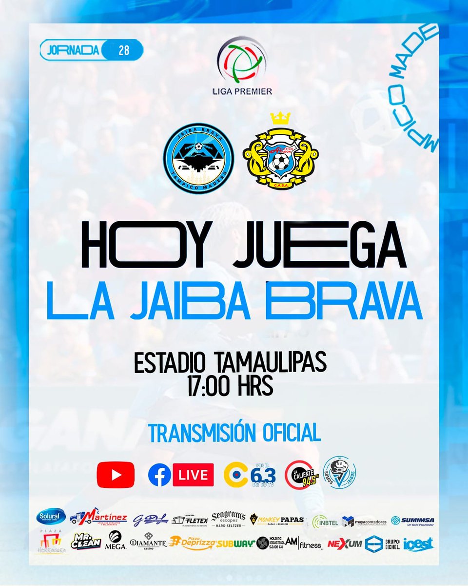 JaibaBrava_TM's tweet image. 😎 ¡HOY JUEGA LA JAIBAAAA BRAVAAAA DEL TAMPICO MADERO! 🔥

👊🏻 ¡HOY GANAMOS EN CASA!

⚽ #Jornada28
🆚 Club San Juan de Aragón 👑 
🏟️ Estadio Tamaulipas 
⏰ 17:00 Hrs

#SinRajarse 🦀💙