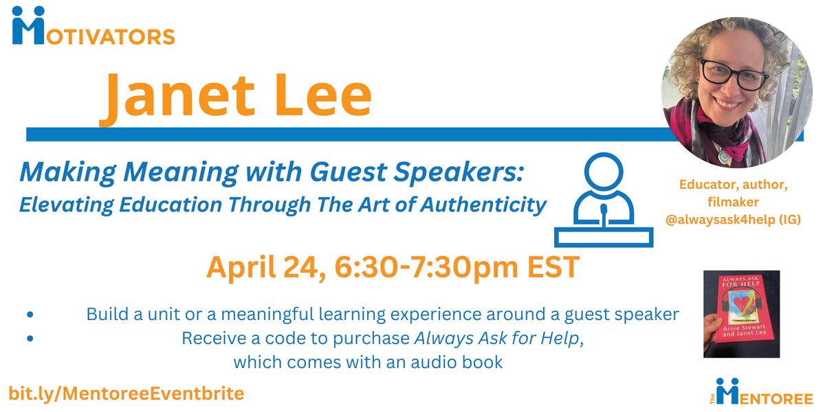 Making Meaning with Guest Speakers led by @fenixliteracy is a great way to learn how to turn a school visit into a deep and authentic learning experience. Join her for this Motivators event on April 24th from 6:30-7:30 pm EST. Register here: bit.ly/MentoreeEventb… #guestspeaker