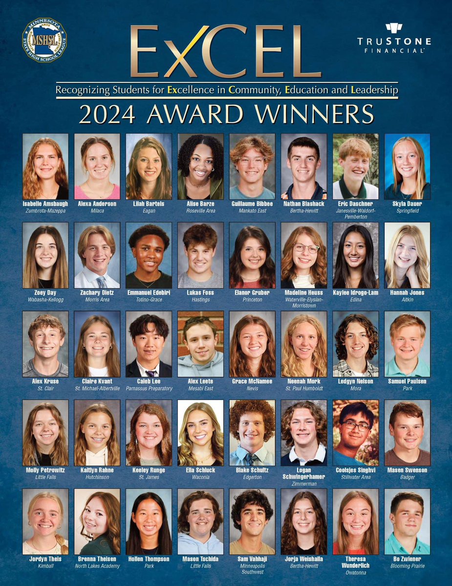 Congratulations to @STMAHighSchool Jr Claire Kvant who was one of 40 students chosen by the @MSHSL as a recipient of the ExCEL award this year. Claire is a positive leader within our school, succeeds in a variety activities and gives back to our community! Well deserved!