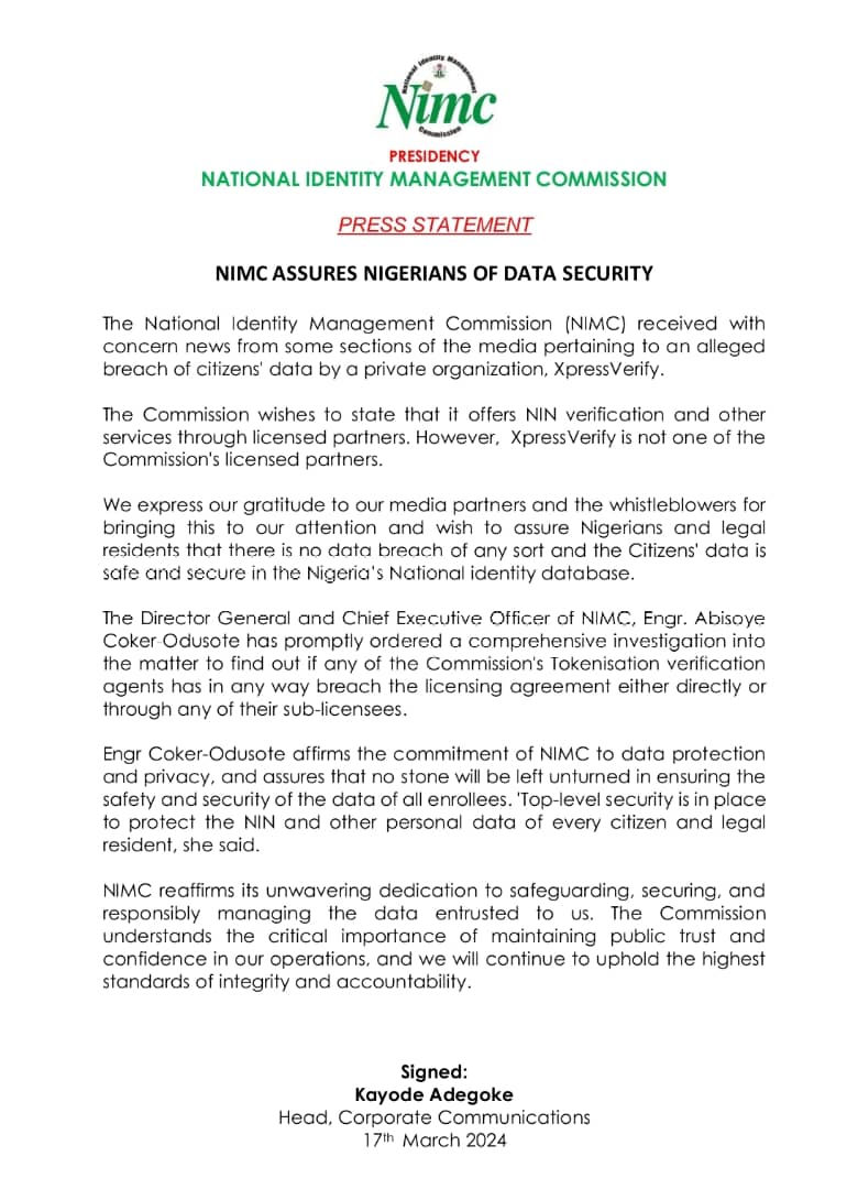 NIMC ASSURES CITIZENS AND LEGAL RESIDENTS OF DATA SECURITY AND PROTECTION