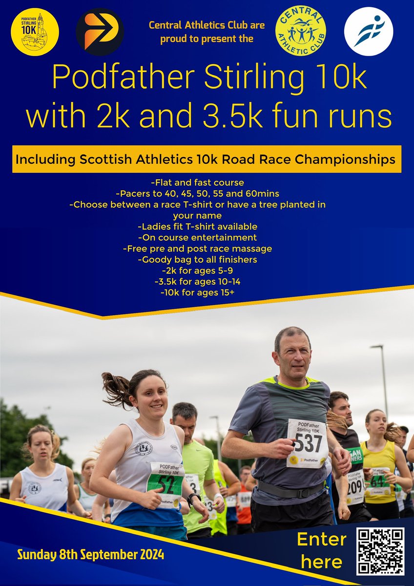 Over 400 entries received so far for Podfather Stirling 10k including @scotathletics 10k Road Race Championships on Sun 8th Sept. This is almost double what we had this time last year! Amazing to see the support and enthusiasm for the event. Enter here ⬇️ entrycentral.com/PodfatherStirl…