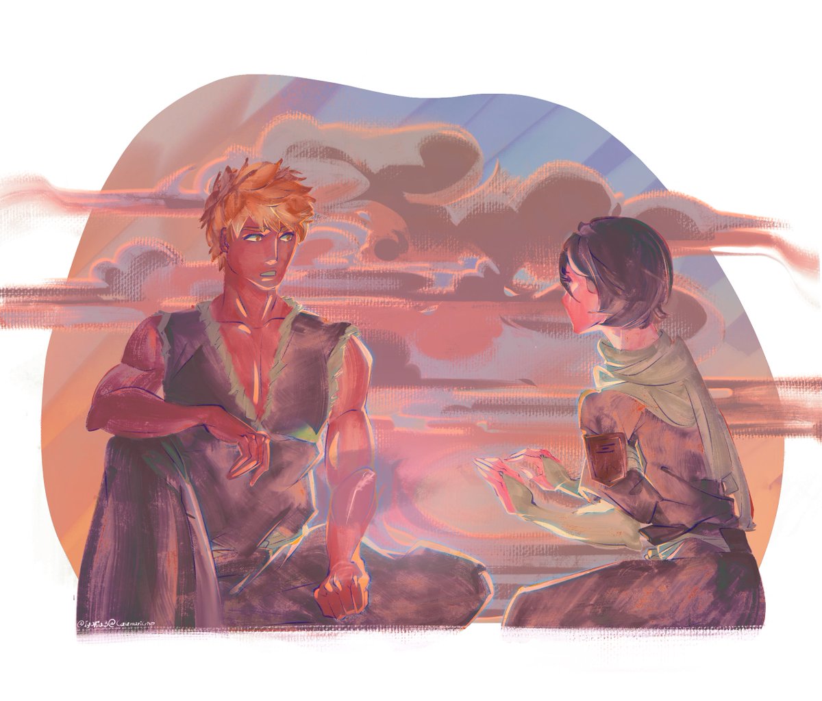 Here's the piece me and <a href="/calamaricrisp/">🧨</a> worked on for  for <a href="/Cold_Flame96/">El 🍉Chikawa Week!!</a>'s fic "I will (knot) surely break" where Ichigo finally musters the courage to confess after the war... but how will Rukia react? 🫢🌅
🔗: archiveofourown.org/works/54524749
for <a href="/ichirukicollab/">Strawberry Tales: An IchiRuki Collab</a>