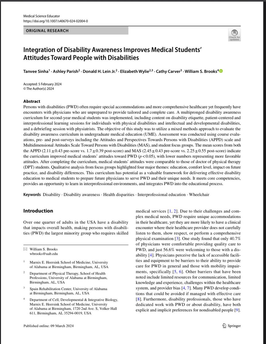 ‼️ New Publication
There is currently no standardized disability curriculum in medical schools &amp; many physicians report they do not feel adequately prepared to care for PWD. So, we created &amp; implemented a multi pronged preclinical course! Full manuscript: 
link.springer.com/article/10.100…