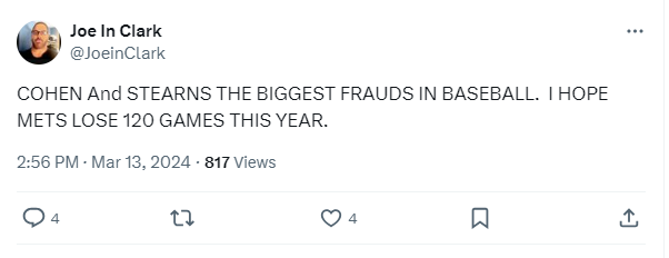 NJ_Tank87's tweet photo. Ironic. A fraud calling Steven Cohen & David Stearns frauds. This is a "fan". Also the same "fan" that has wished to have been a Yankee fan and wished the Wilpons still owned the Mets. This isn't passion. #DoomsdayMetsFans #LGM #MetsTwitter #NegativeMetsTwitter #LFGM #Mets https://t.co/A4Xof4YwS8