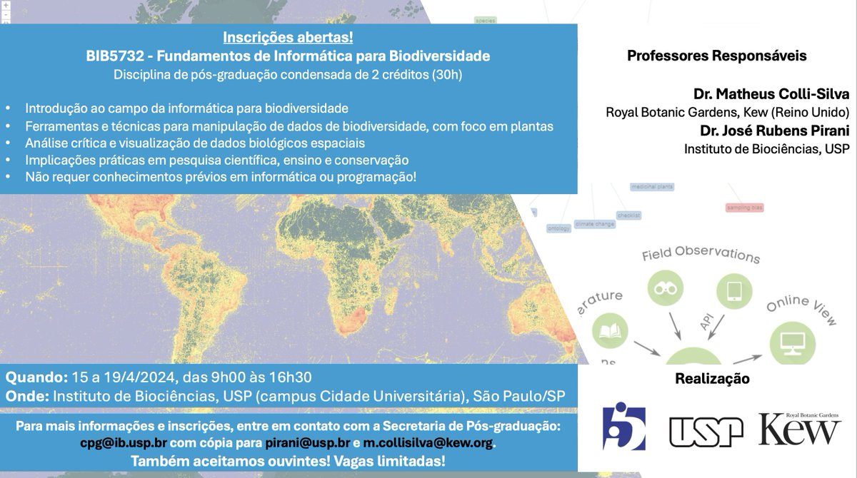 Matheus Colli-Silva (@mcollisilva) on Twitter photo 🌿🖥️✨ Vagas limitadas! Inscreva-se na #disciplina "Fundamentos de #Informática para #Biodiversidade" que vamos ministrar no Instituto de Biociências da <a href="/usponline/">USP - Universidade de São Paulo</a> agora entre 15 a 19/4/2024. Para mais informações e inscrições, contate a Secretaria do Instituto! 🙂 🌿🖥️✨ Vagas limitadas! Inscreva-se na #disciplina "Fundamentos de #Informática para #Biodiversidade" que vamos ministrar no Instituto de Biociências da <a href="/usponline/">USP - Universidade de São Paulo</a> agora entre 15 a 19/4/2024. Para mais informações e inscrições, contate a Secretaria do Instituto! 🙂