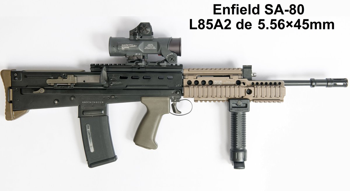 ant1_ignorancia's tweet photo. Dato: tanto la infantería del ejército como de la armada británica tienen como fusil de dotación al #SA80 en sus versiones #L85A2 y #L85A3 de 5,56x45 mm. Hace unos años sumaron al #L129A1 para tiradores designados (7,62×51 mm). Sus ópticas por lo general son de la empresa #Elcan https://t.co/L8L7306yTA