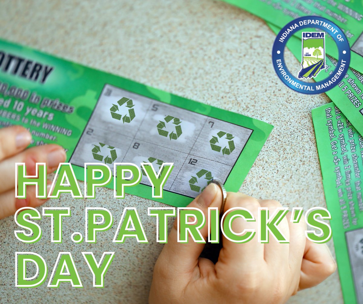 idemnews's tweet photo. #IDEM is feeling extra lucky today that recycling is such an easy way to make a big difference for our state! ☘️ 

This St. Patty's Day, get shamrockin' for the environment! ♻️

#StPatricksDay #Recycle https://t.co/ikDNUcVAhR