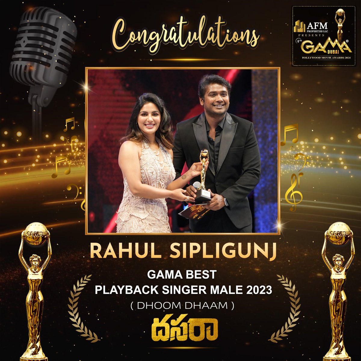 Sensational Singer #RahulSipligunj won GAMA BEST PLAYBACK SINGER MALE 2023 for #DhoomDhaam song from #Dasara 🔥🎤🎶 @Rahulsipligunj #Nani #KeerthySuresh #SrikanthOdela #SantoshNarayan #GAMAAwards2024 #GAMAMovieAwards #GAMA2024 #GAMADubai #AFMProperties