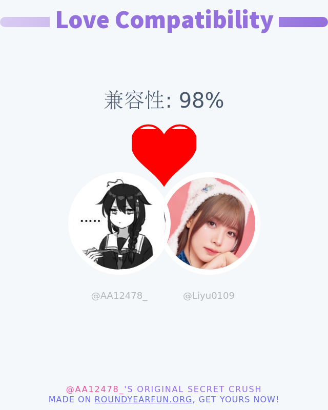 我与 <a href="/Liyu0109/">Liyuu</a> 的爱兼容性为 98%

➡️ funxgames.me/lovecalculator…