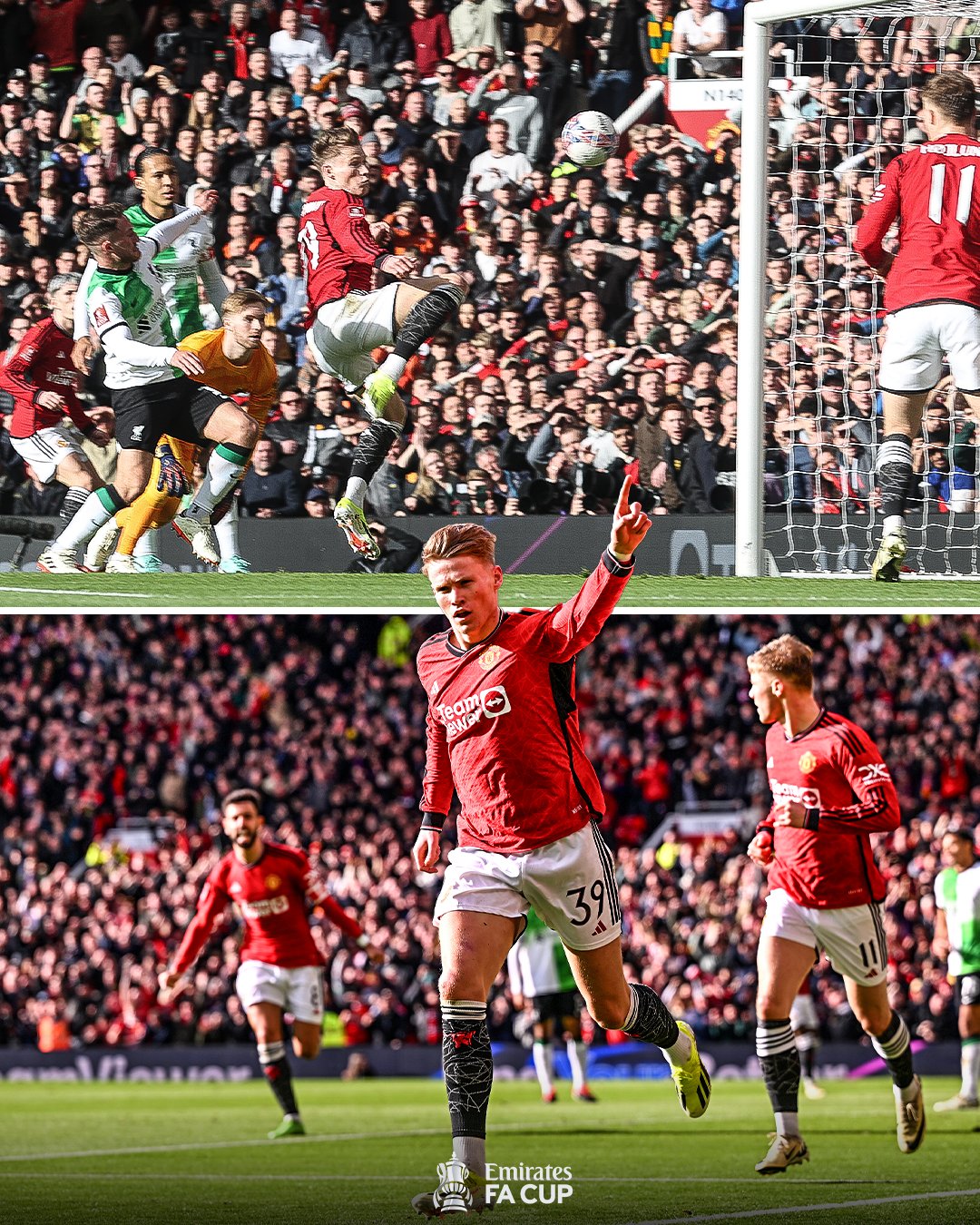 A split graphic. The top image is of Scott McTominay scoring for Manchester United, and the bottom image is of him celebrating the goal.