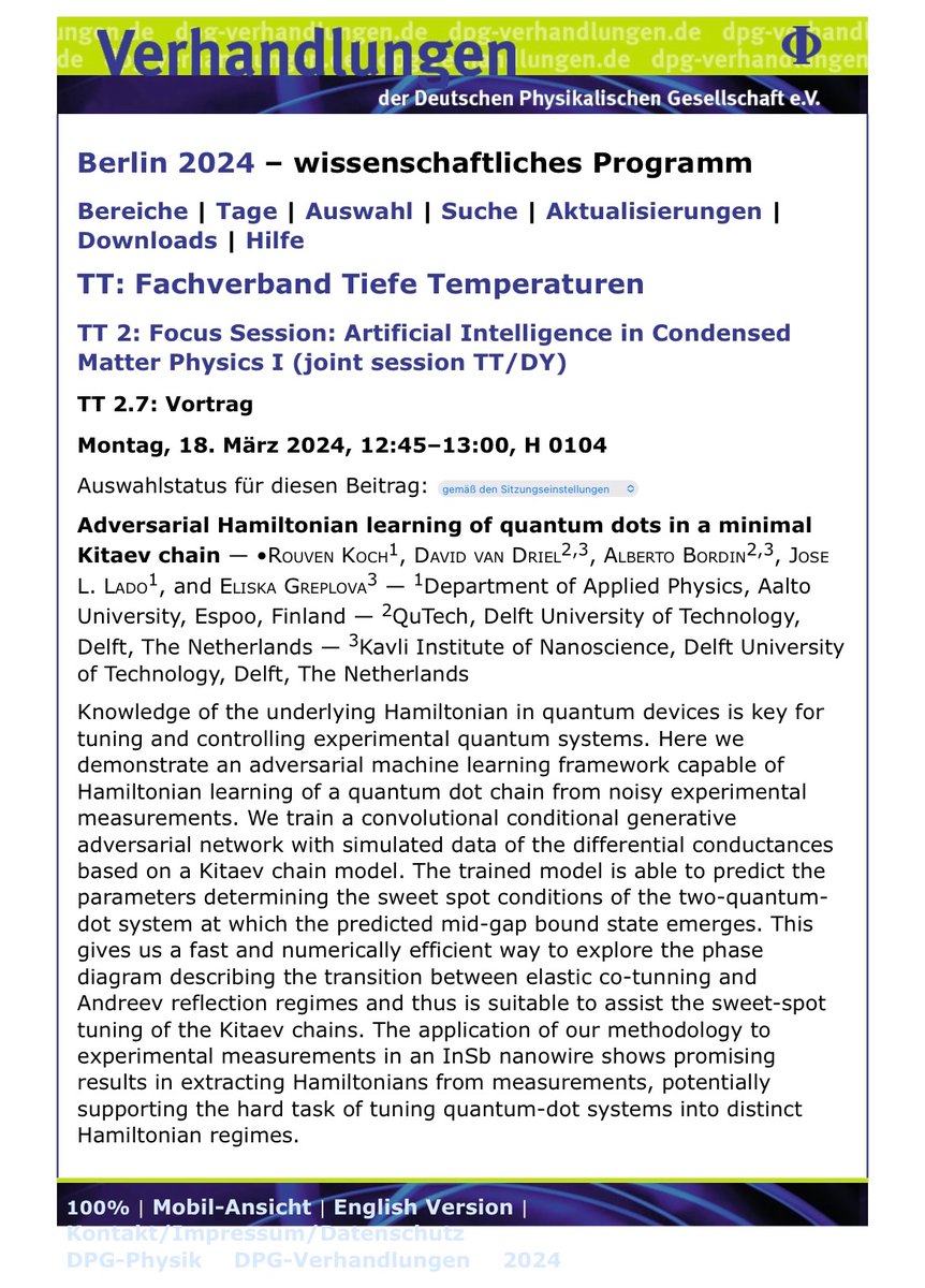 Super looking forward to kick off the AI+condmat session at #DPG2024 tomorrow. More importantly, don’t miss talks by my collaborators @koch_rouven @CQM_Aalto (Kitaev+ML) and Lukas Splitthoff (PTs in SSH) @QuTech_news. Stop by to say hi and talk physics while I’m in Berlin 🤩