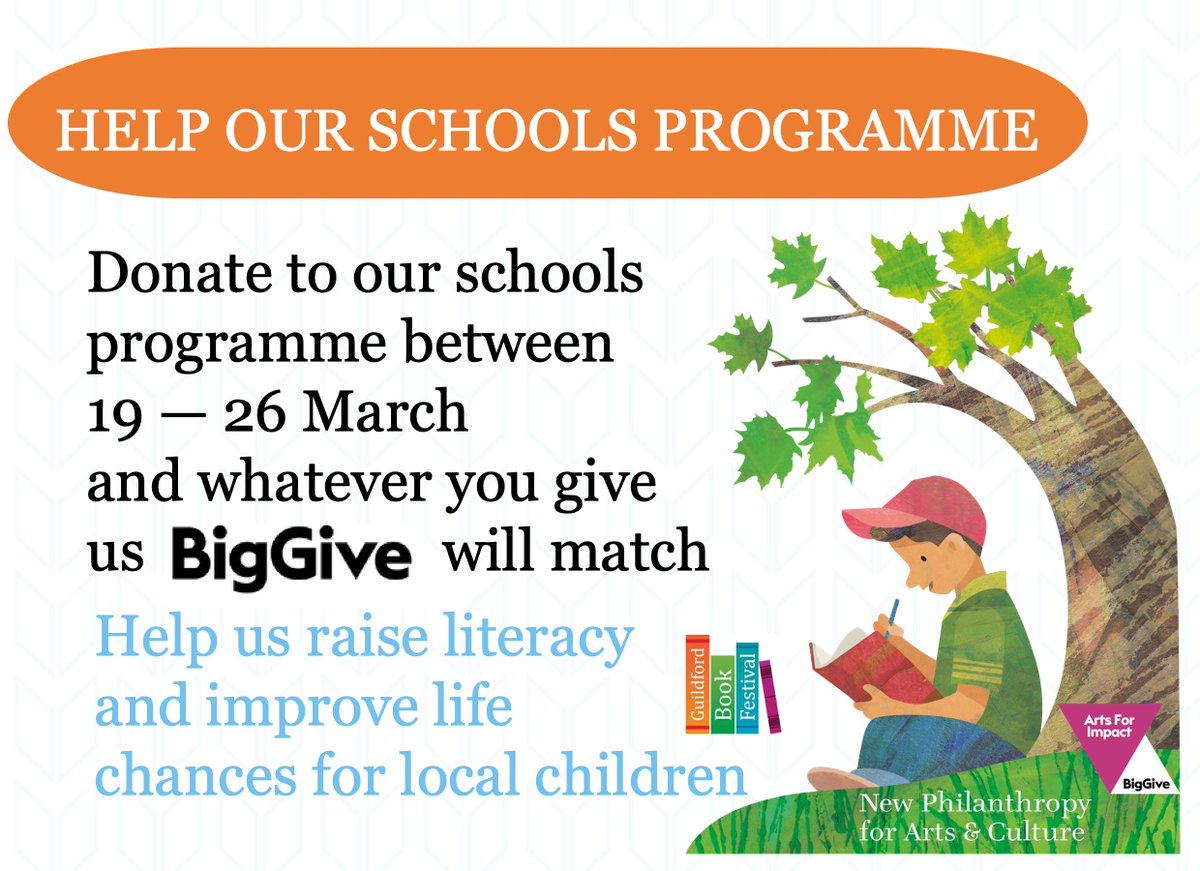 Help us raise funds for our Schools Programme! 😀 📚 To help us to raise #literacy and improve life chances locally, we're asking for a small donation from you on midday on Tues 19 Mar. 📚 Share, if you could. Go to our website to donate: guildfordbookfestival.co.uk/arts-for-impac… #ArtsForImpact