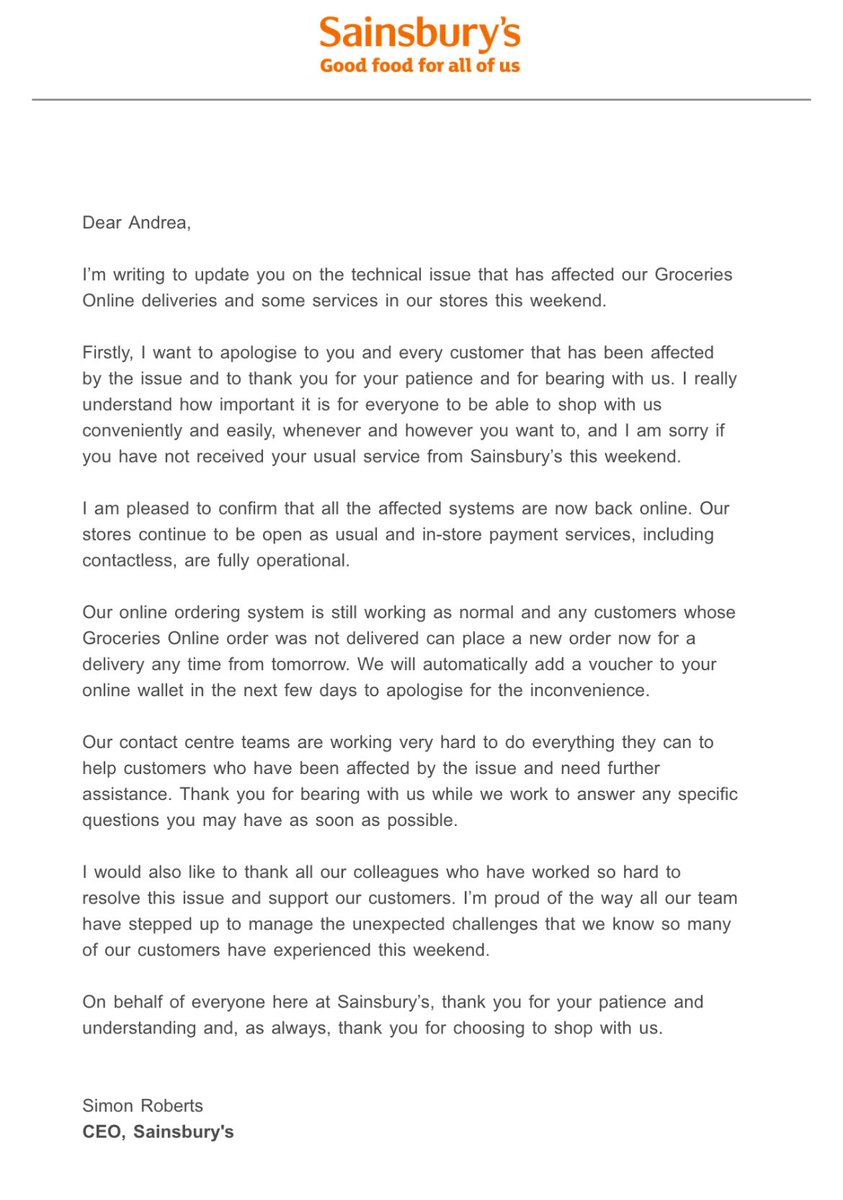 Email to customers from CEO of Sainsburys after the IT glitch #alevelbusiness #stakeholders #communication #csr #porters5forces #technology #crisismanagement