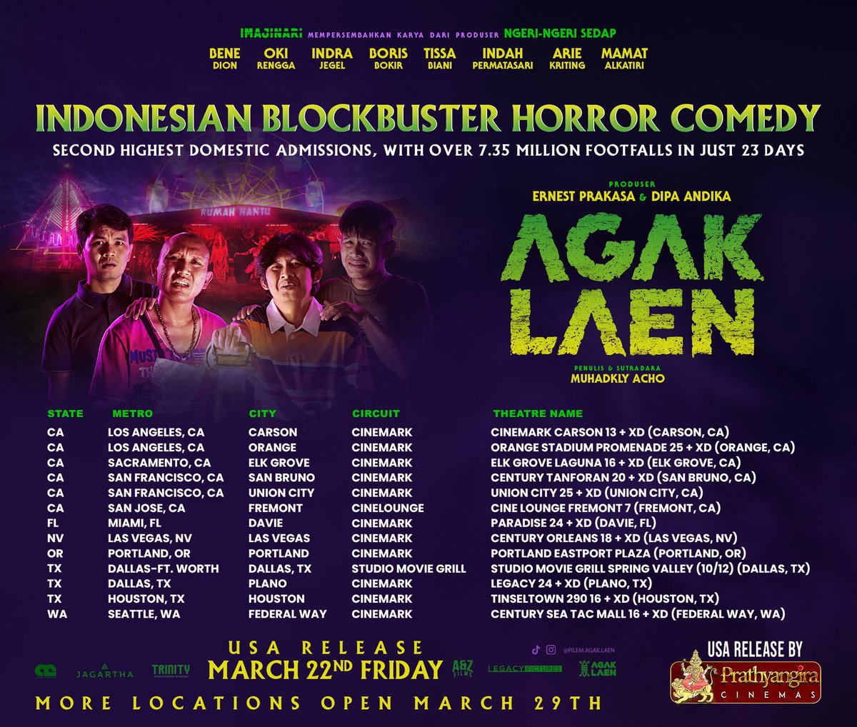 Get ready to scream with laughter and fear! 😎

Indonesian Blockbuster Horror Comedy #AgakLaen Coming to theaters near you on March 22nd ❤️‍🔥

Check out the theatres list and grab your tickets now!!

deadline.com/2024/02/indone…

<a href="/PrathyangiraUS/">Prathyangira Cinemas</a>
