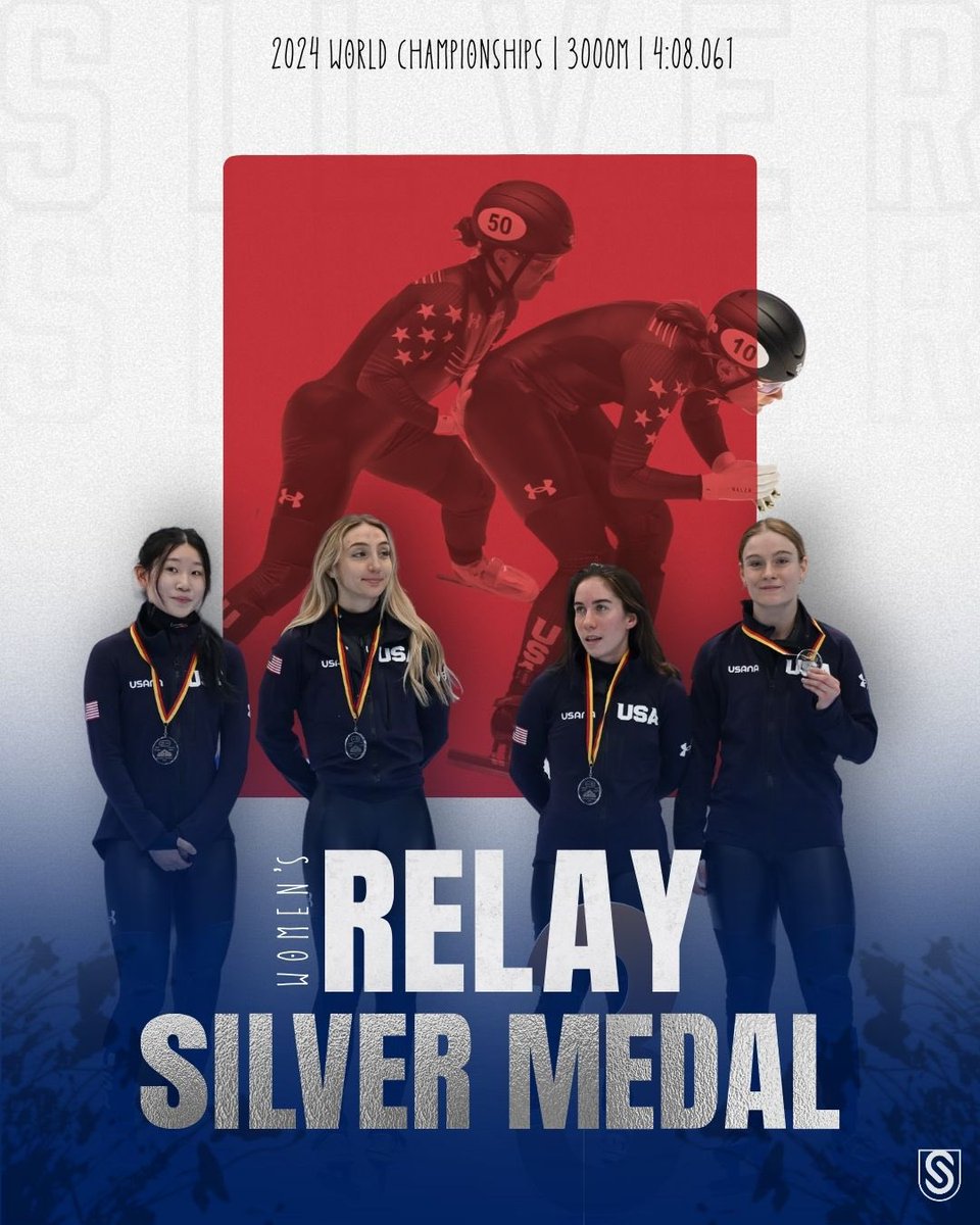 USSpeedskating's tweet photo. The women of Team USA strike SILVER in the 3000m Relay! 🥈😤🔥 https://t.co/seSQm4UERK
