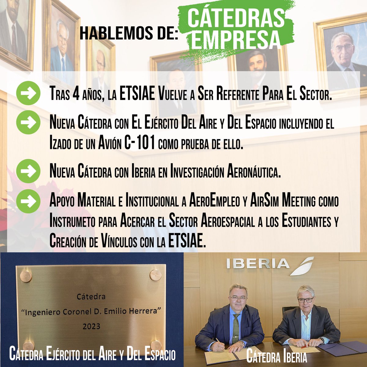📌Hablemos de… Cátedras Empresa 

Tras 4 años, la ETSIAE vuelve a ser Referente para el Sector.

✍🏻 Nueva Cátedra con el Ejercito del Aire y del Espacio
✍🏻 Nueva Cátedra con Iberia
📝 Apoyo firme a <a href="/Aero_Empleo/">Aeroempleo</a> y <a href="/AirSimMeeting/">Madrid AirSim Meeting</a> 

#juntoscreamosescuela <a href="/aeroespacialUPM/">ETSIAE - UPM</a>