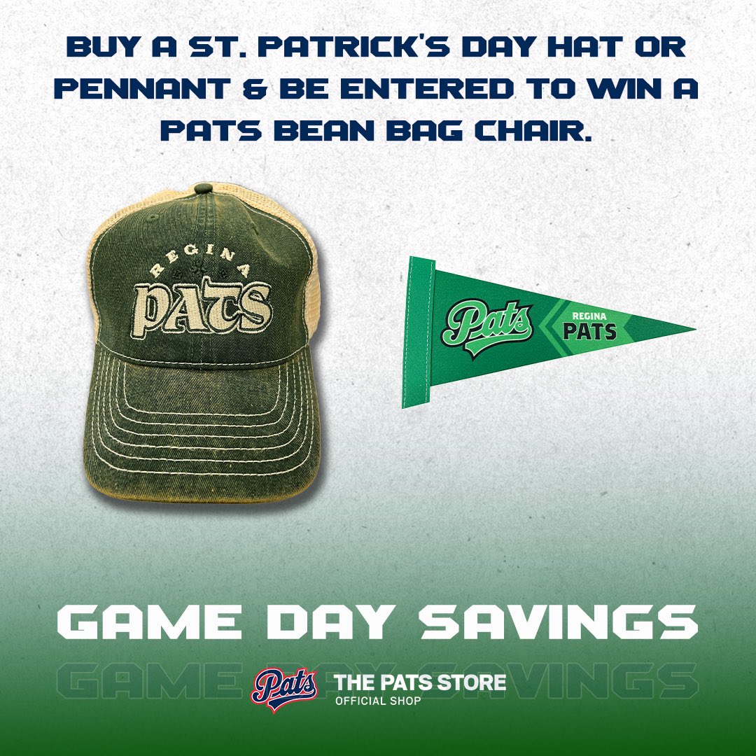 WHLPats's tweet photo. Gear up for game day and your chance to win big with our St. Patrick’s Day special! 🍀🏒 Purchase a St. Patrick’s Day hat or pennant, and you’ll be entered into a draw to win an exclusive Pats bean bag.
https://t.co/7g7CNWUdPm
#reginapatshockey #thepatsstore #gamedaysavings T&C may apply