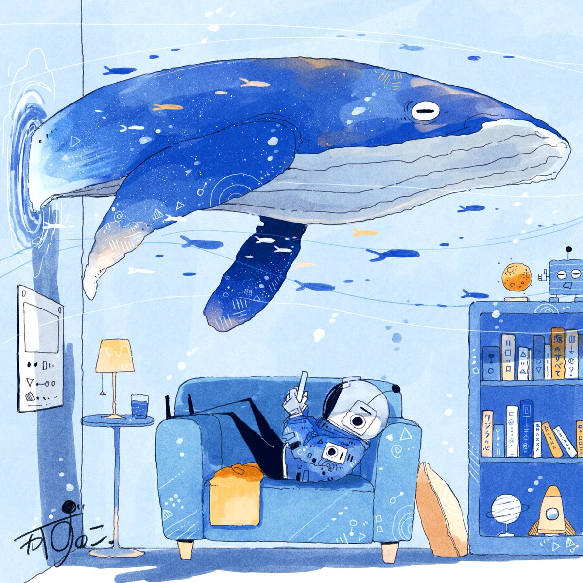 「クジラが通る部屋#イラスト 」|かずのこのイラスト