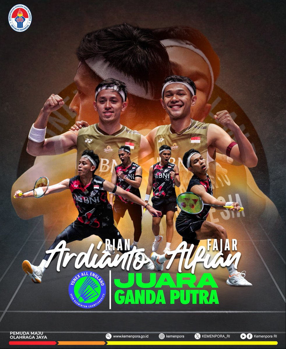 BACK TO BACK!! 🇮🇩🥇 Ganda Putra Indonesia, Fajar Alfian dan Muhammad Rian Ardianto sukses mempertahankan gelar juara All England setelah mengalahkan pasangan dari Malaysia, Aaron Chia dan Soh Wooi Yik, 16-21 dan 16-21. Selamat FajRi #Kemenpora #PemudaMajuOlahragaJaya