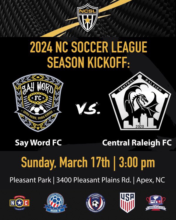 SayWordFC's tweet photo. Your favorite club is BACK! Match day in the NCSL today against @CentralRaleigh_ . Sayword FC is proud to be a founding member of the @NCsoccerleague ! We look forward to a healthy and growing partnership with @NCAdultSoccer and @NCSoccerHOF . #werunthispitch #revengetour https://t.co/AGDImIuYJF