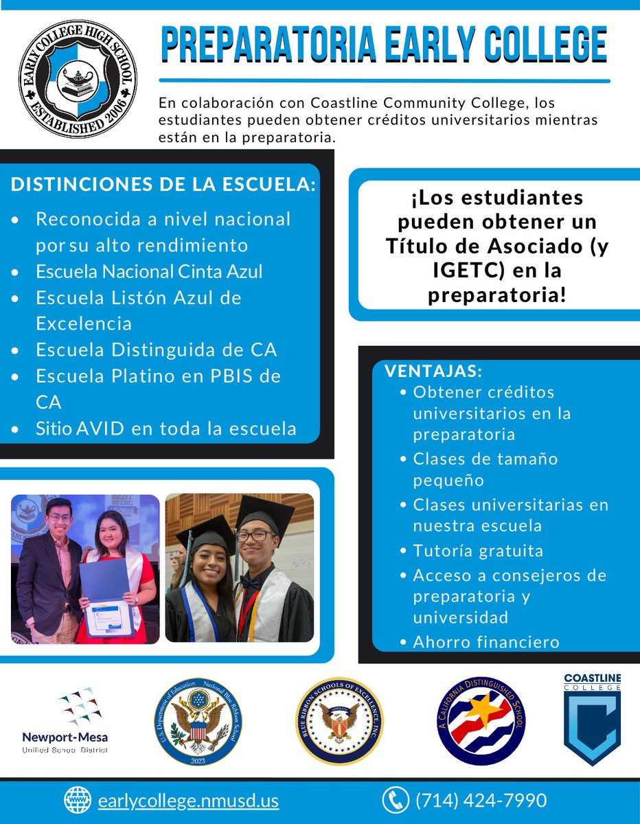 ECHS Information Night on Mar 20 for all interested 2024-25 school year student applicants & their families. Spanish translation will be provided. #echspride #echsptsacm #earlycollege #nmusd #coastlinecollege #nationalblueribbon #collegebound #costamesa #newportbeach