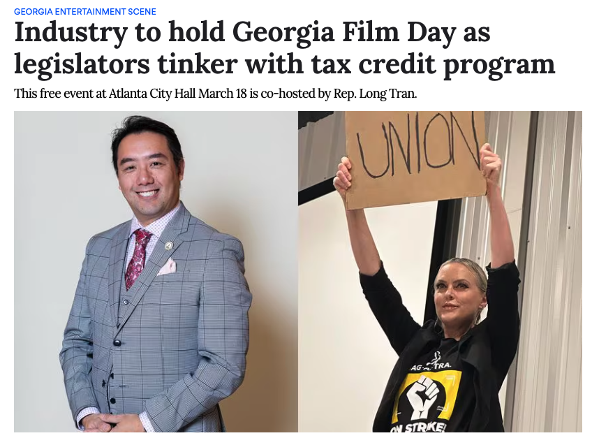 GA_Production's tweet photo. 📢 Reminder 🍑🎬 Tomorrow we're hosting 'Georgia Film Day! to remind legislators how important the TV and film business is in the state! 

(📷 @longxtran @elaine4animals) 

→ https://t.co/Gz5FftotYv | via @ajc 

#atlanta #georgia #gafilm #business #culture #ecomomy #filmindustry https://t.co/dakUQIio3e