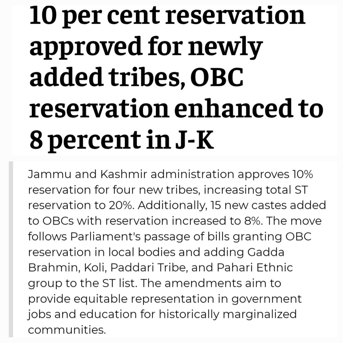 neha_laldas's tweet photo. ‼️Update‼️
After Bihar, Jammu & Kashmir has also increased reservation (with new communities added to ST/OBC list)!
Now the state has 60% vertical & 10% horizontal reservation!

Remember-
J&K is a state with 75% general category population!
So the state's majority GC population,,is now confined to minority of seats!

Welcome to the "Reservation Republic of India"!
-A country where politicians & citizens think that "reservation" is the solution to their every problem!!