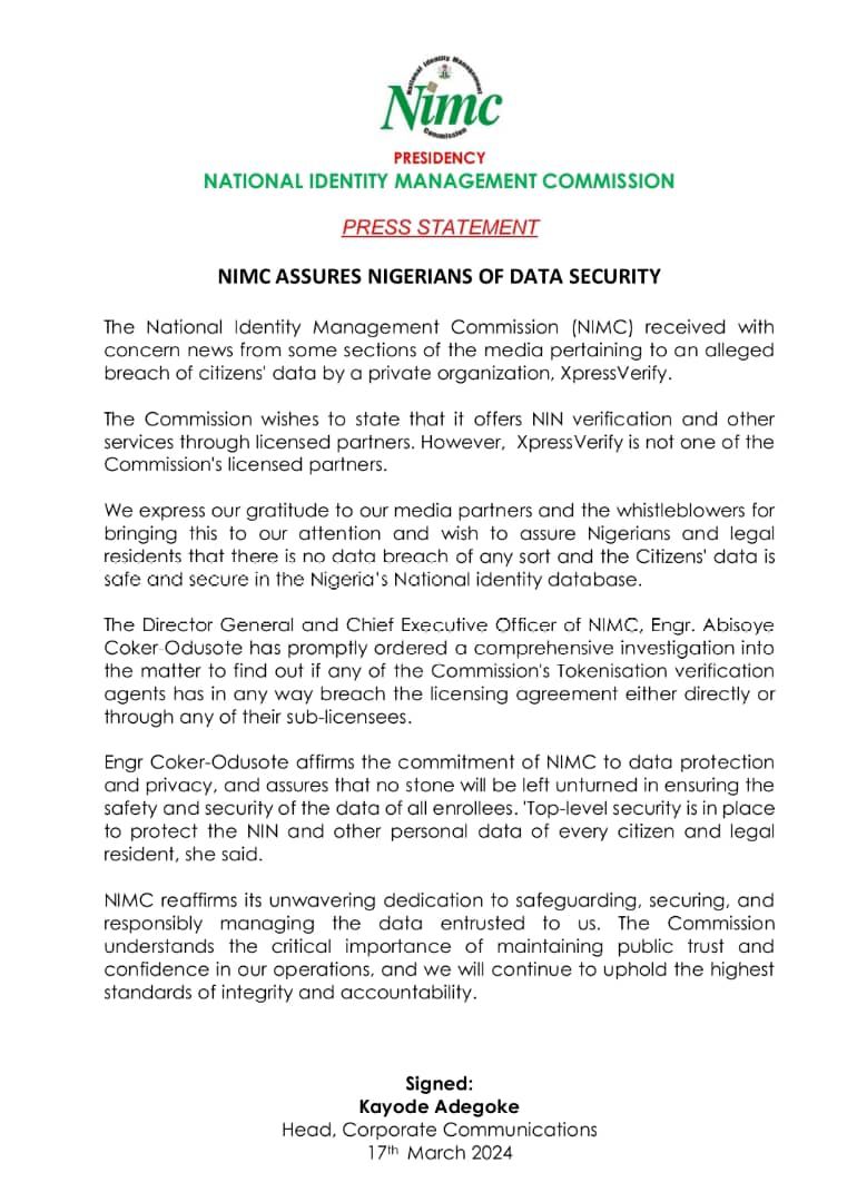 abeegunde1's tweet photo. The Director General and Chief Execulive Officer of @nimc_ng, @EngrAbisoye  ordered investigation,  if any of the Commission's Tokenisation verification agents has in any way breach the licensing agreement either directly or through any of their sub-licensees.
#NIMC2024 https://t.co/JYdQgIcYgT