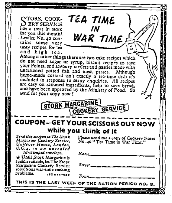 MickHayes1's tweet photo. #SWWad from Mar 1943 for the Stork Margarine Cookery Service, about a leaflet offering teatime recipes, but being a bit judgemental about home-made custard #history https://t.co/fQXGZTb2JF