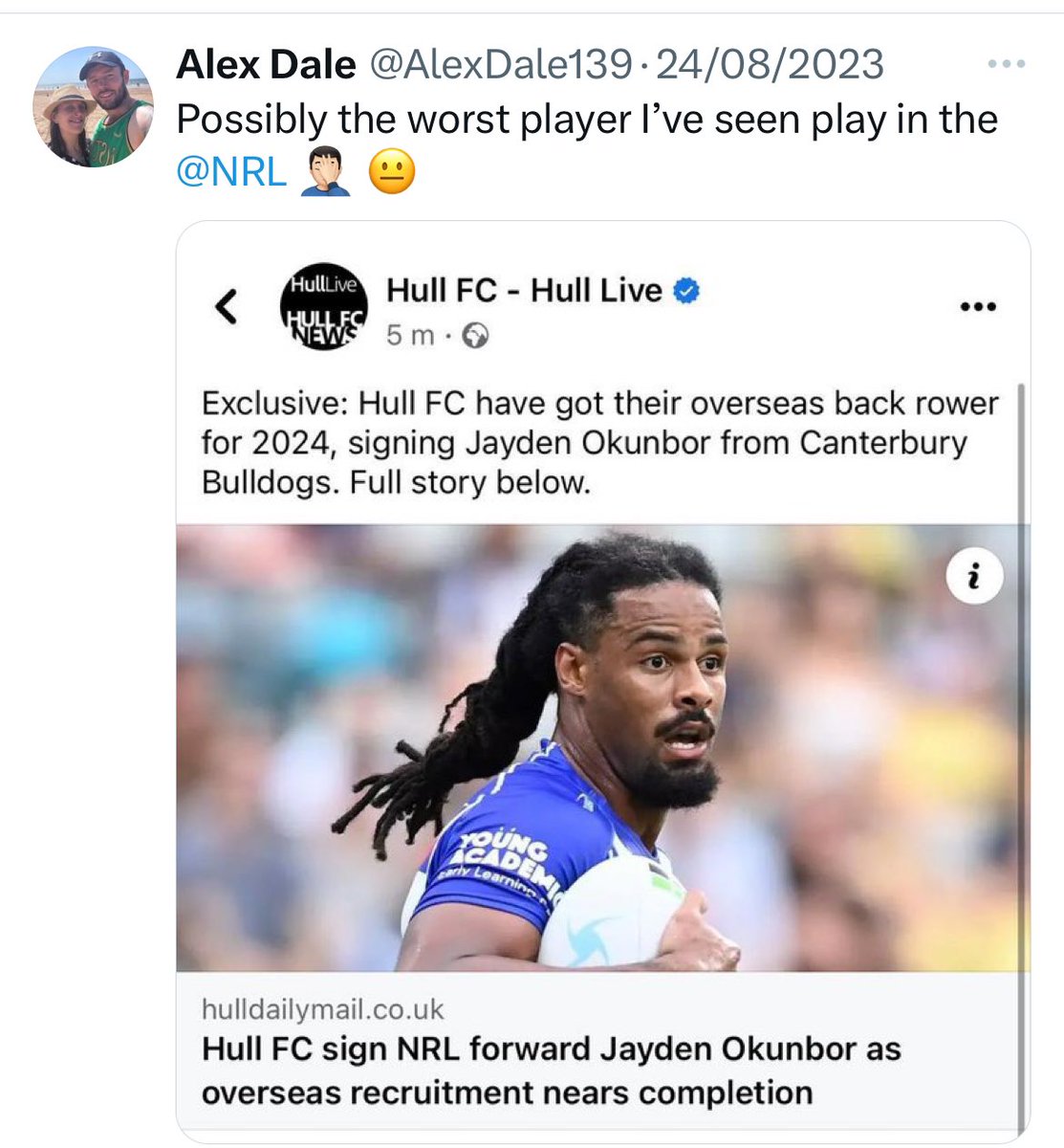 AlexDale139's tweet photo. @PhilB1985 He was crap on the wing for @NRL_Bulldogs so they put him in the pack where he’s equally as crap. https://t.co/MOl5i4tSqi