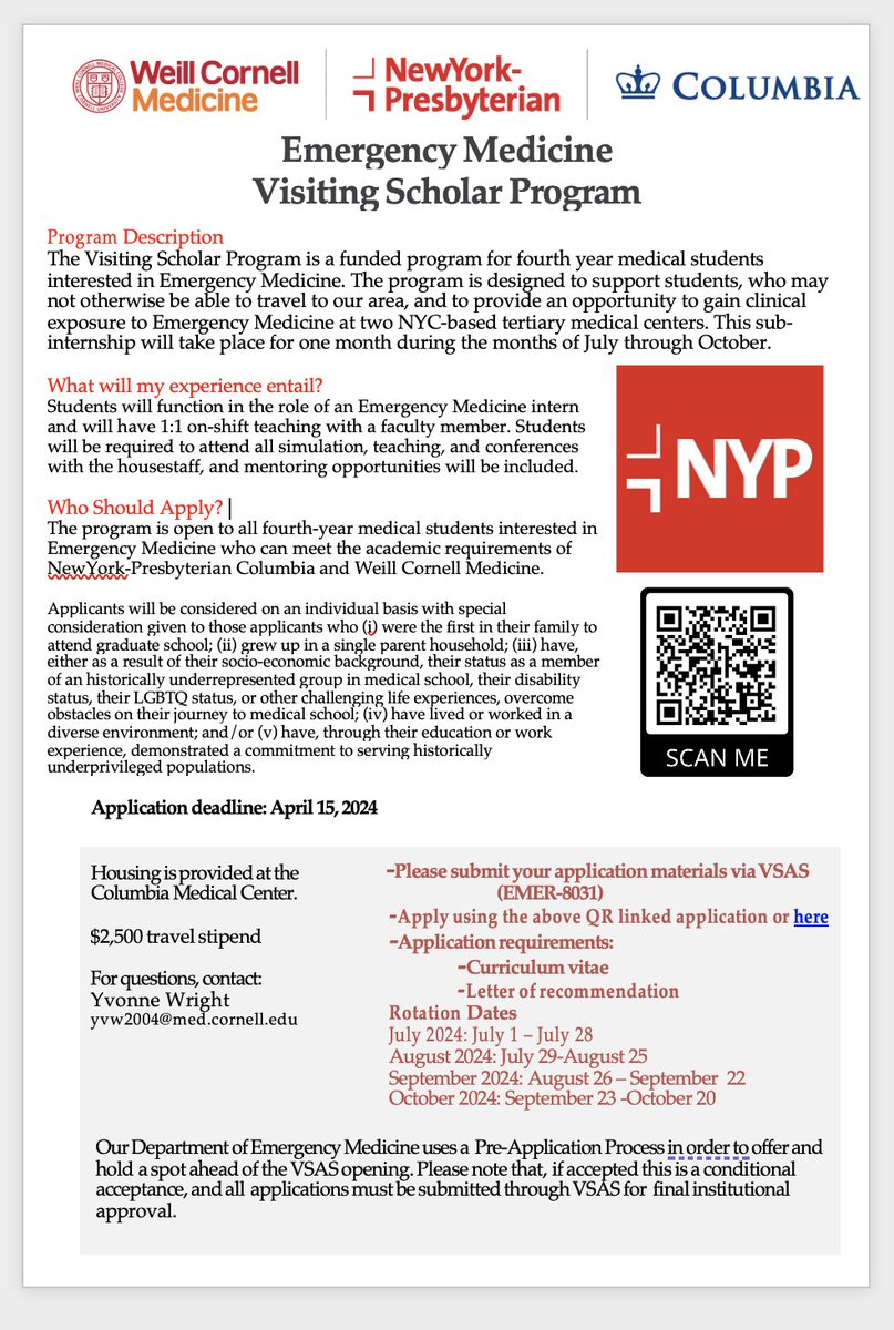Emergency Medicine visiting elective in NYC (NYP-Weill Cornell-Columbia) with a $2500 stipend plus Housing at Columbia Medical Center for URiM applicants   Application due April,15#EMbound#medstudents