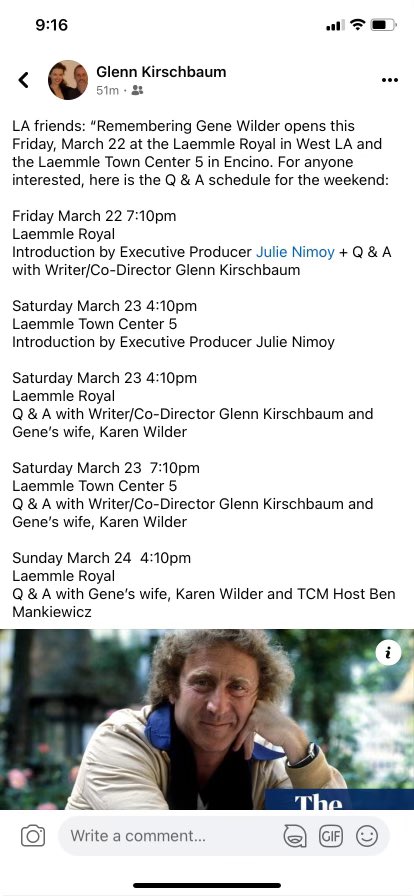 If you’re in the LA area, @RememberGene begins screening on March 22nd at the Royal Theatre in WLA. See the screening schedule below. Hope you can make it! #GeneWilder