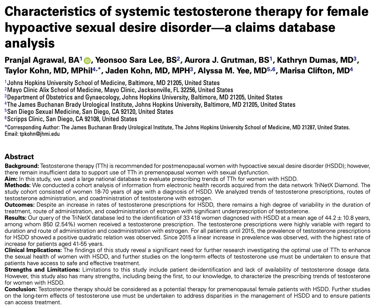 Yeonsoo Sara Lee, MD (@ysaralee) on Twitter photo Sharing our work in <a href="/jsexmed_guest/">J Sex Med (Guest Account)</a> led by <a href="/PranjalA_JHUSOM/">Pranjal Agrawal 🏳️🌈</a> on testosterone therapy (TTh) for hypoactive sexual desire disorder (HSDD)!
👉HSDD affects 10% of ♀️
👉Guidelines support TTh for ♀️ w/ HSDD
👉Lack of tx paradigm = need more data to guide tx
bit.ly/48YoCiY Sharing our work in <a href="/jsexmed_guest/">J Sex Med (Guest Account)</a> led by <a href="/PranjalA_JHUSOM/">Pranjal Agrawal 🏳️🌈</a> on testosterone therapy (TTh) for hypoactive sexual desire disorder (HSDD)!
👉HSDD affects 10% of ♀️
👉Guidelines support TTh for ♀️ w/ HSDD
👉Lack of tx paradigm = need more data to guide tx
bit.ly/48YoCiY