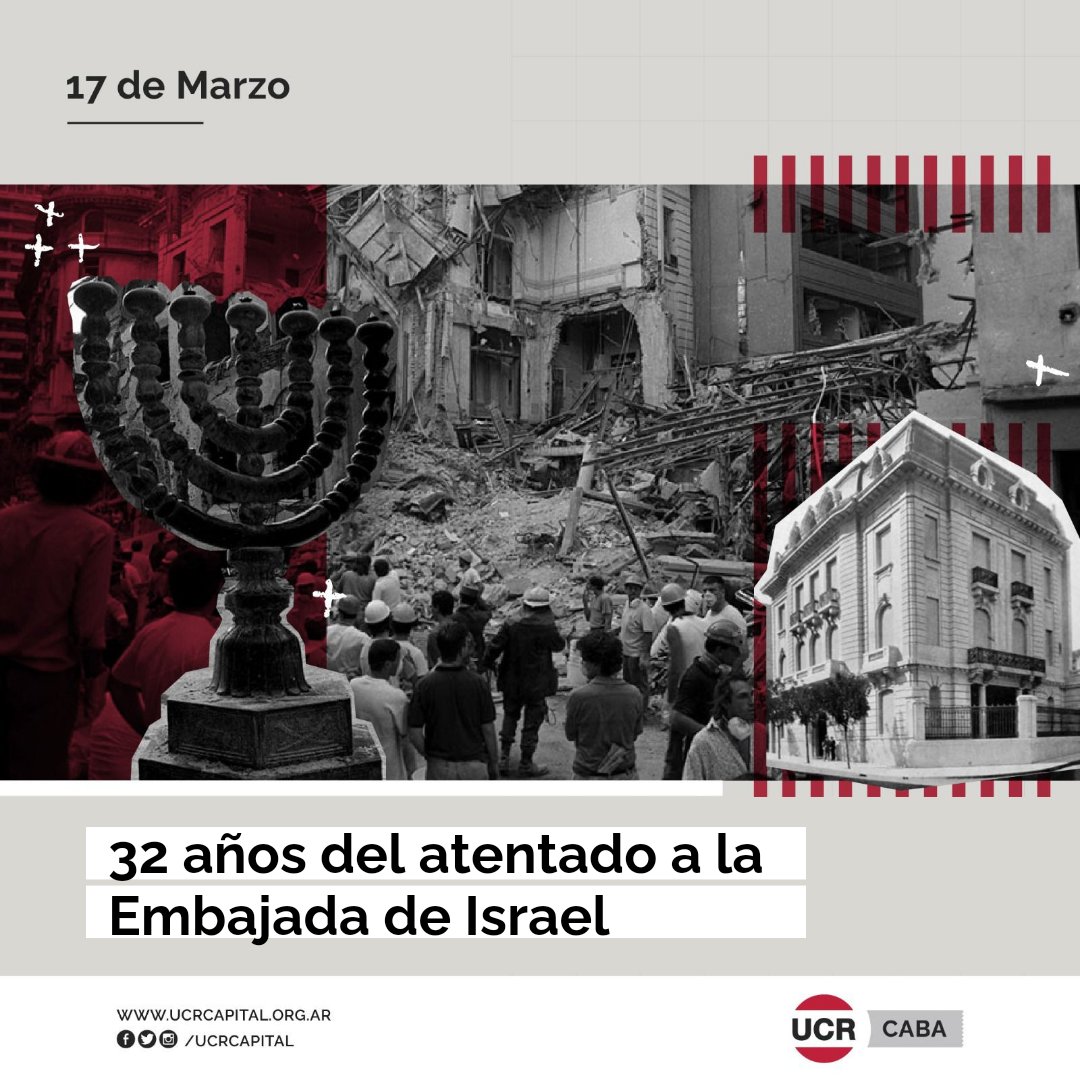 A 32 años del atentado a la Embajada de Israel mantenemos vigente nuestro reclamo por verdad y justicia. Las víctimas, sus familias y toda la sociedad aún esperan respuestas.
