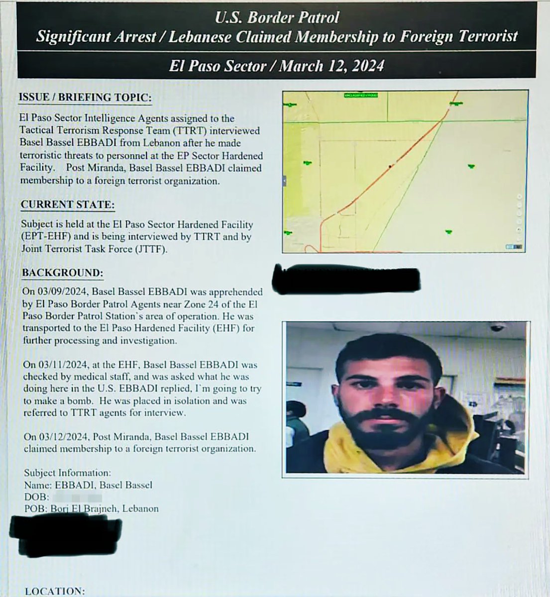 MarinaMedvin's tweet photo. A 22 year old illegal Lebanese alien, Basel Bassel Ebbadi, crossed the US border in Texas and was caught.

Ebbadi admitted to being a member of the Islamic terror group Hezbollah and that he hoped to make a bomb in the US.

“I’m going to try to make a bomb,” he said, according to a Border Patrol document obtained by @nypost, which also ads that “he had trained with Hezbollah for seven years and served as an active member guarding weapons locations for another four years, according to internal ICE documents.”