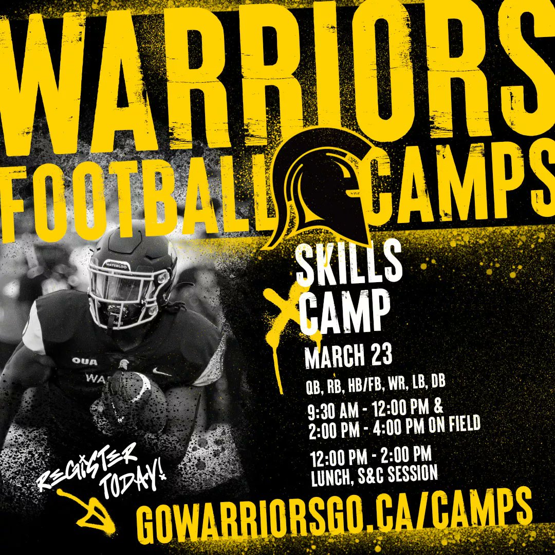 Under a week away until our Skills Camp! Working with our coaches, players, & CfL players & alumni! Get your spot today! warrior.uwaterloo.ca/Program/GetPro… @WlooWarriors @bertwarriorfbal @CoachConway49 @Wloo_JrWarriors @CMFALions @LdnJrMustangs @JrGryphFootball @TorontoJrArgos