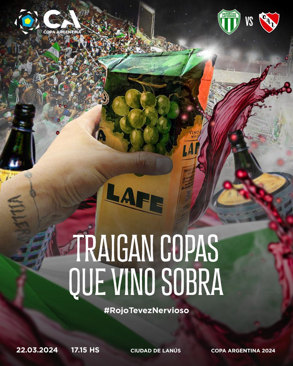 Lafepasion's tweet photo. ⌛ FALTAN 5 DÍAS 🇳🇬🎉

@LafeOficial 🆚 @Independiente

🍇 #TraiganCopasQueVinoSobra 🍷 https://t.co/hOk54K4PhL