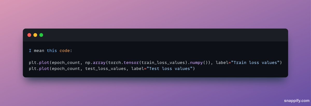 devcasafurix's tweet photo. @mrdbourke Was following your PyTorch course, during the plotting of the train-test loss curves, why did you have to change the tensor values of only the train loss into numpy array and not the test_loss values as well? 
Didn't quite understand this part (attached in the image): https://t.co/EZwCU4ZBOJ
