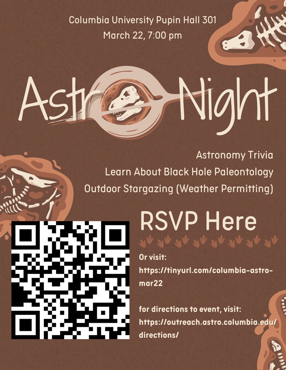 Join us in Pupin Hall 301 at 7pm on March 22 for another public astronomy night! Dr. Floor Broekgaarden will be talking to us about "Black Hole Paleontology."  All are welcome! RSVP form and directions to Pupin can be found here: linktr.ee/columbiaastro