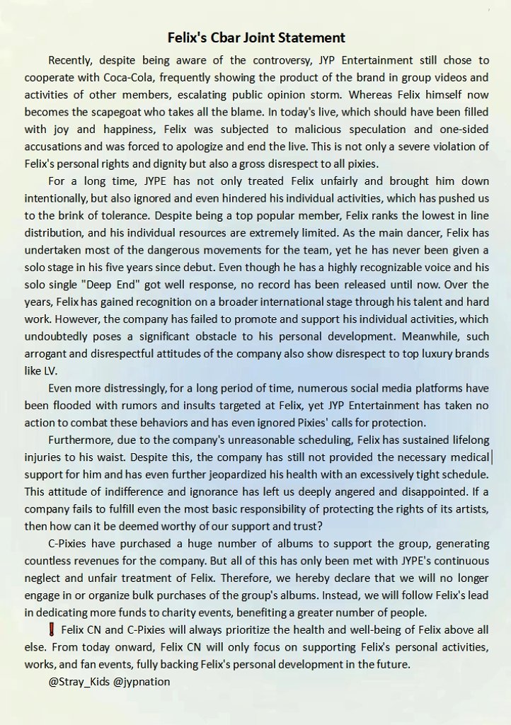 FelixLeeChina's tweet photo. ⚠️Felix's Cbar Joint Statement⚠️

Felix’s Cbar and C-Pixies will prioritize the health and well-being of Felix above all else. From today onward, we will only focus on supporting Felix’s personal activities and fan events, fully backing Felix's personal development.

@Stray_Kids https://t.co/nLmubKPkL2