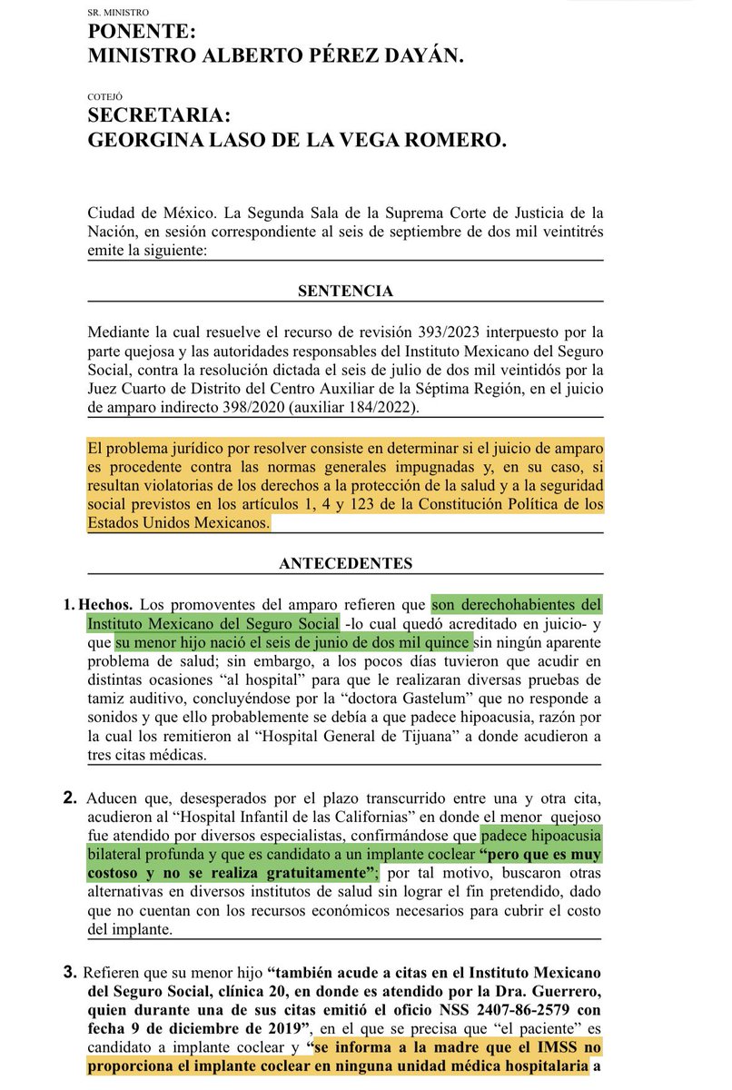MoraErica's tweet photo. ‼️La Suprema Corte mexicana amparó a un niño de Mexicali, Baja California, que necesita un implante para poder escuchar y superar así la discapacidad auditiva con la que nació. 
✳️El Amparo en Revisión 393/2023 es un precedente importante sobre la obligación del Estado mexicano, en particular de los organismos que integran el Sistema Integral de Salud, para que se coordinen entre sí y proporcionen a las niñas y niños la atención médica que requieren para atender su padecimiento. 
‼️La sentencia evidencia las omisiones en las que han incurrido los titulares del IMSS y de la Secretaría de Salud que impiden que las niñas y niños reciban atención médica y accedan al más alto nivel de salud. 🧵 
#PeriodismoJurídico #SCJN
