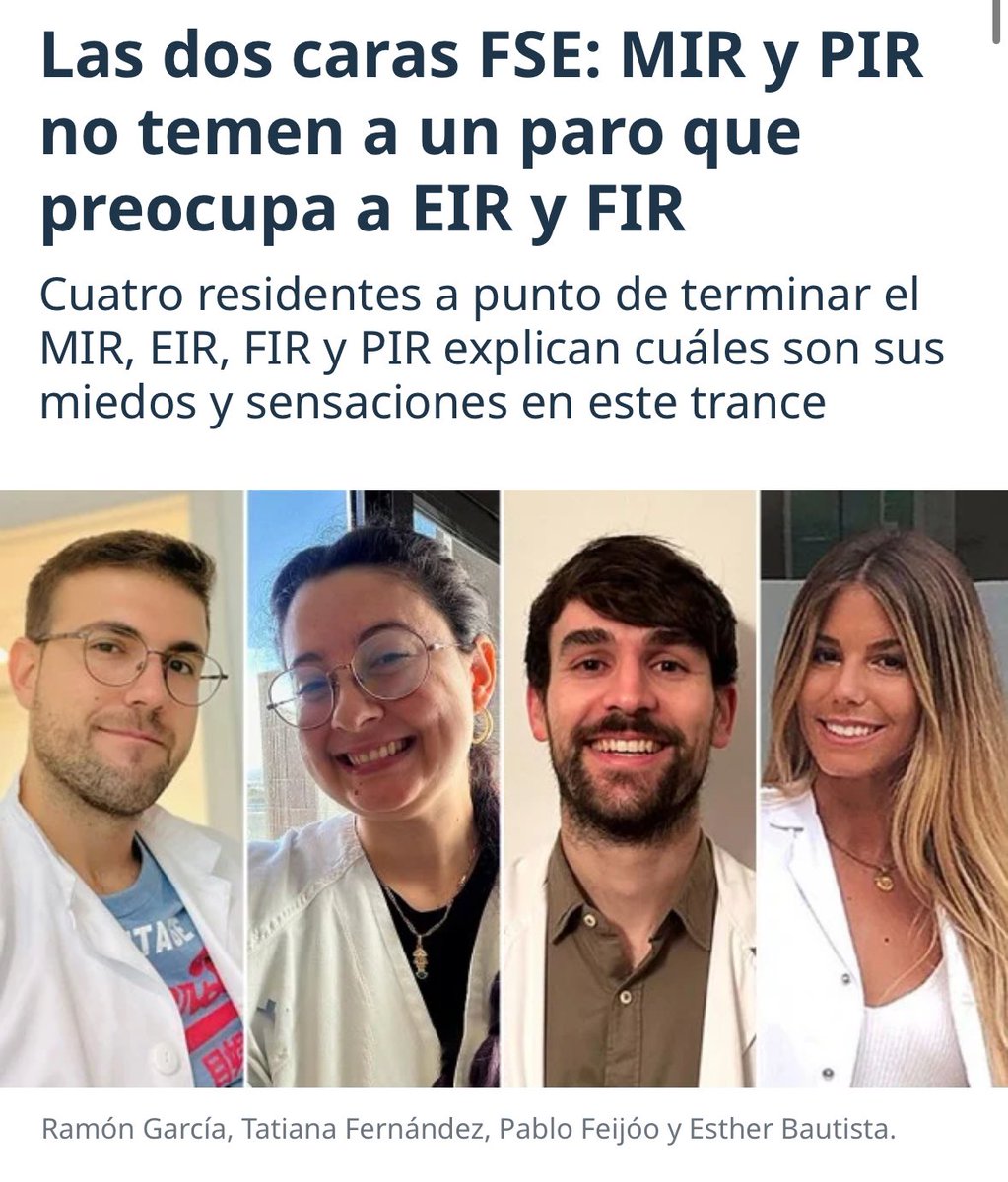 PabloFeijoo_19's tweet photo. Las dos caras FSE: MIR y PIR no temen a un paro que preocupa a EIR y FIR
Cuatro residentes a punto de terminar el MIR, EIR, FIR y PIR explican cuáles son sus miedos y sensaciones en este trance.
👇 https://t.co/OmjgnJ4Uxu