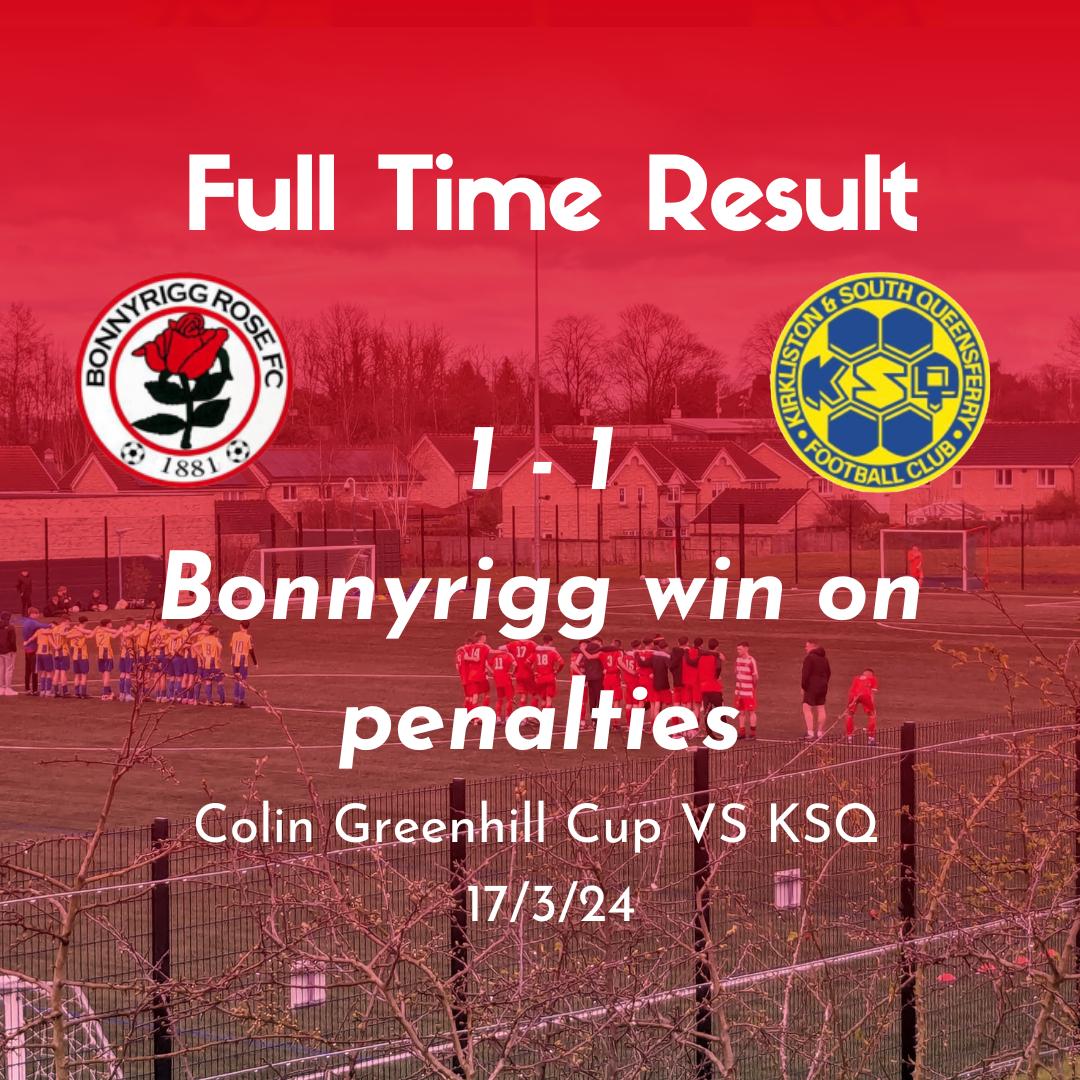 ⚽Fulltime result⚽

An exciting semi-final of the Colin Greenhill Cup this afternoon.

1-1 at full time thanks to a late equalizer from Finlay⚽

The game then went to a tense set of penalties... 

A total of 21 penalties for each side!!!

Bonnyrigg now advance to the final🌹