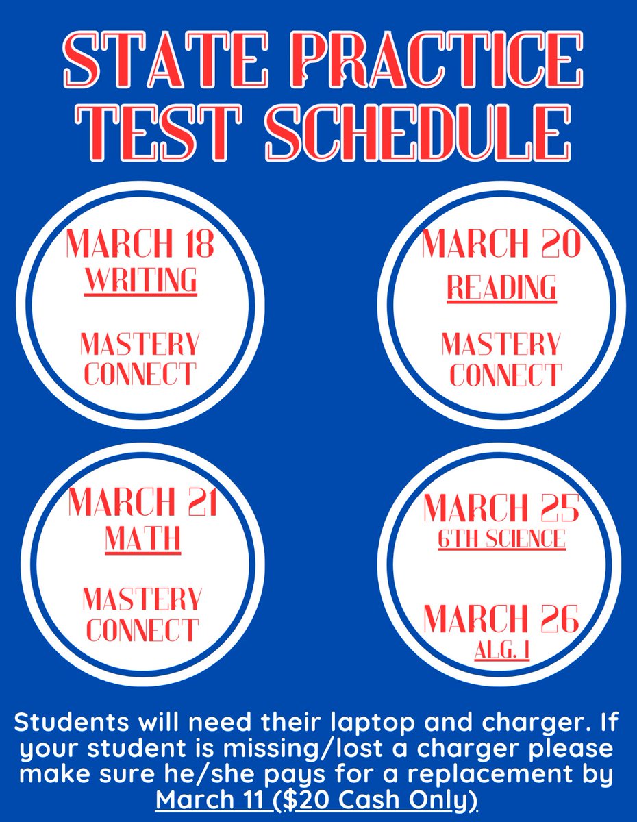 📢 Reminder for all students and parents! 📚 Don't forget about the upcoming state practice tests this week and next week. Let's show what we've learned and achieve our best results together! #StatePracticeTest #PreparationIsKey #SuccessAhead