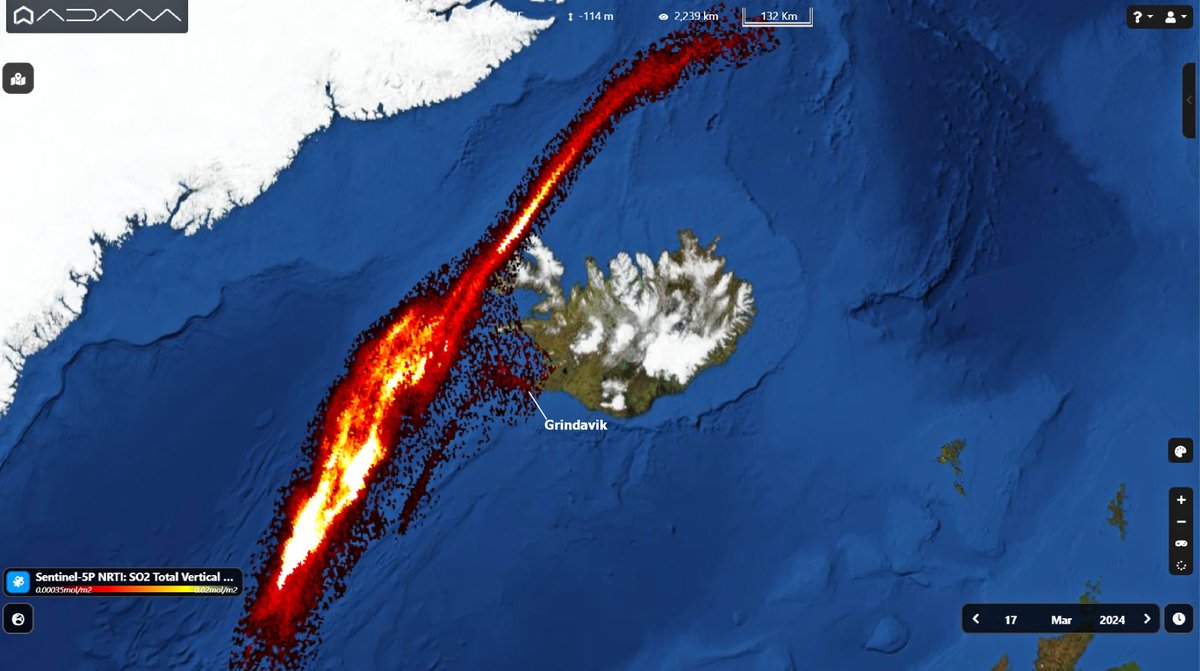 The last #eruption in #Iceland from space. 
The #icelandvolcano erupts for the fourth time since December, and this is the biggest one. #Copernicus #Sentinel5p captured on March 17th the long SO2 plume over the Atlantic. #Grindavik
@BSteinbekk