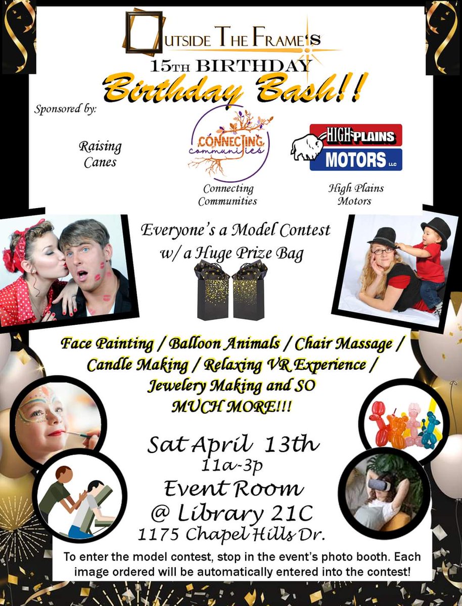 Less than 1 Month away!!! Outside The Frame's 15th Birthday Bash!!!

We will have several interactive booths such as an #everydaymodel contest with a huge #prizes bag, lots of #yummyfood, a #facepainter, #balloonanimals, a #3d #relaxation, #jewelrymaking, #candlemaking and MORE!!