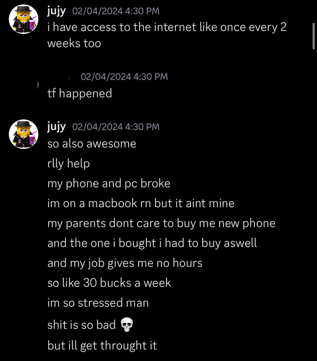 wow this situation is messed up

anyways heres some ss of jujy in a private gc from days prior showing proof he doesnt have a phone and access to snapchat