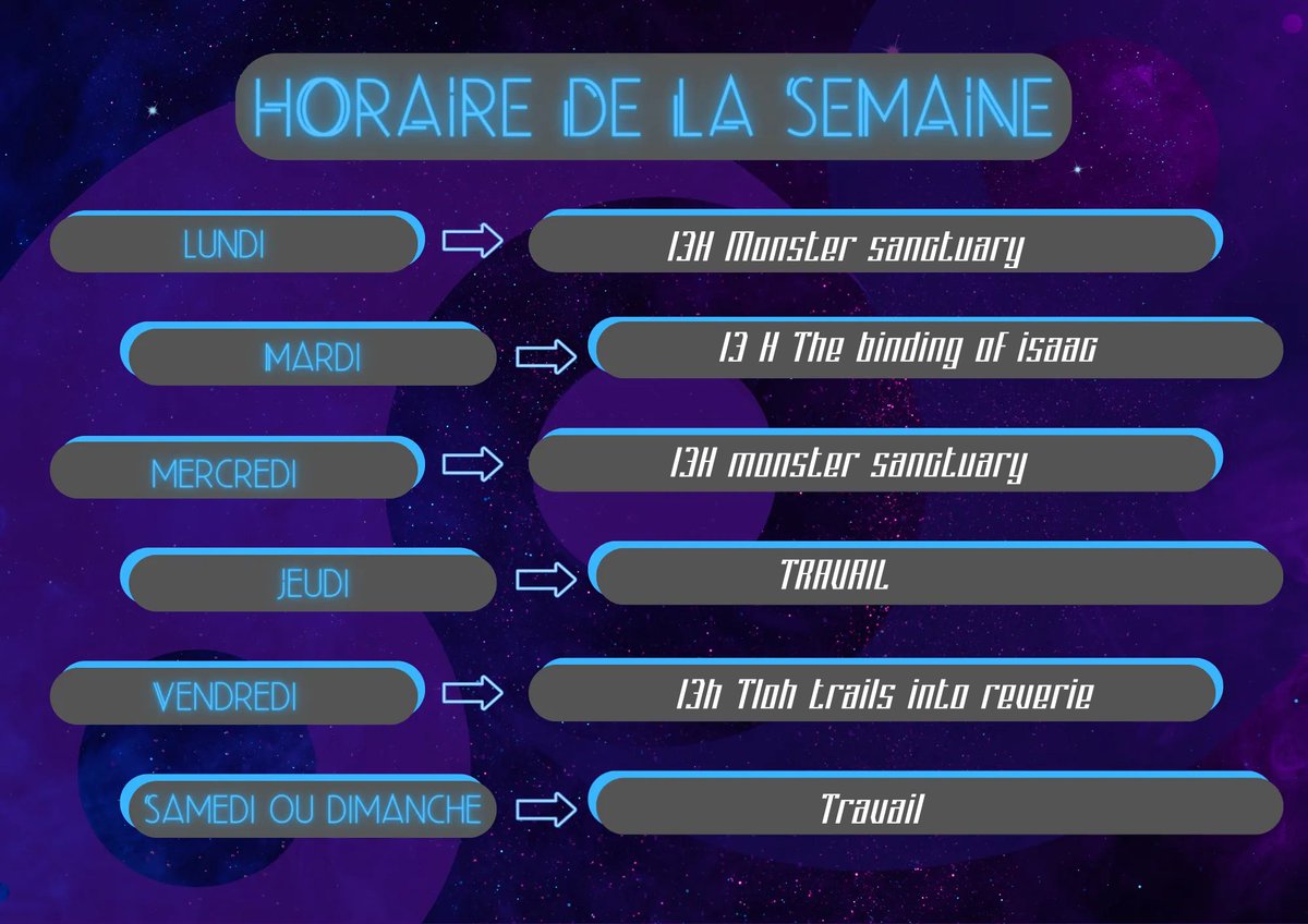 docteurkillme's tweet photo. long time no see. voici lhorraire de cette semaine. on continue notre exploration sur monster sanctuary. je decide de rejouer a binding of isaac et on va commancer tloh trail into reverie https://t.co/xNPMAn3grS