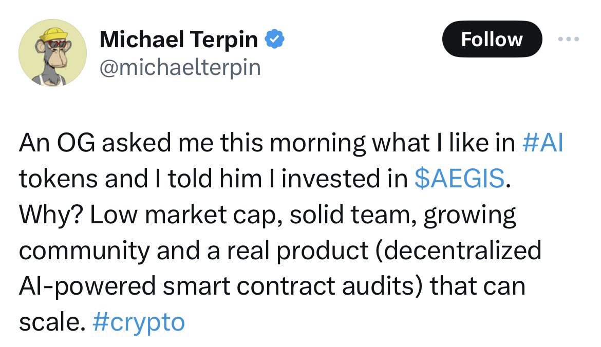 <a href="/CryptoHub210/">Crypto Hub💡</a> $AEGIS is worth taking a dive into. It’s a huge security ecosystem play and they're backed by the guy that did marketing for ETH's ICO. dApp is already live in beta with a major update coming within the month. 
<a href="/aegisAISecurity/">AEGIS AI</a> 
Here’s some additional implementations:
- browser